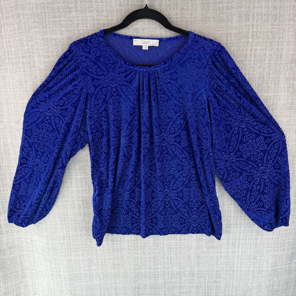 LOFT Blouse Womens S Blue Tunic Round Neck Long Balloon Sleeve Pleated Velvet